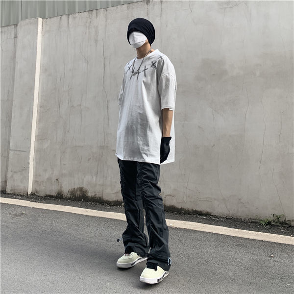 High Street Functional Vibe Style Folded Stacked Micro Horn Long Pants for Men's American Slim Fit Street Instagram Versatile Casual Pants_voghion.com