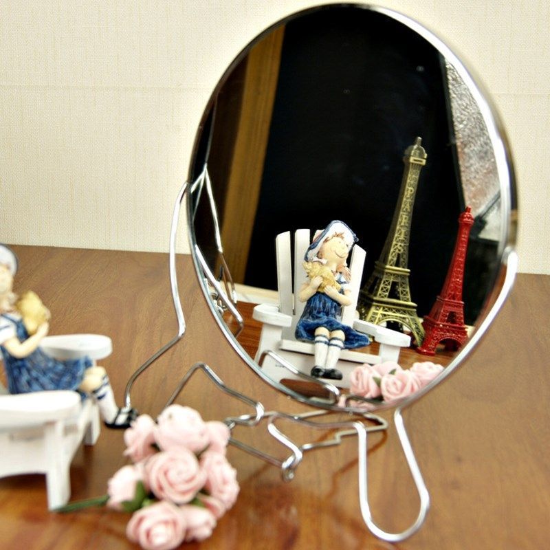 Espejo con borde de hierro, espejo de maquillaje artesanal, espejo redondo de doble cara, espejo de tocador plegable, espejo de mesa de metal, espejo de escritorio, estilo vintage