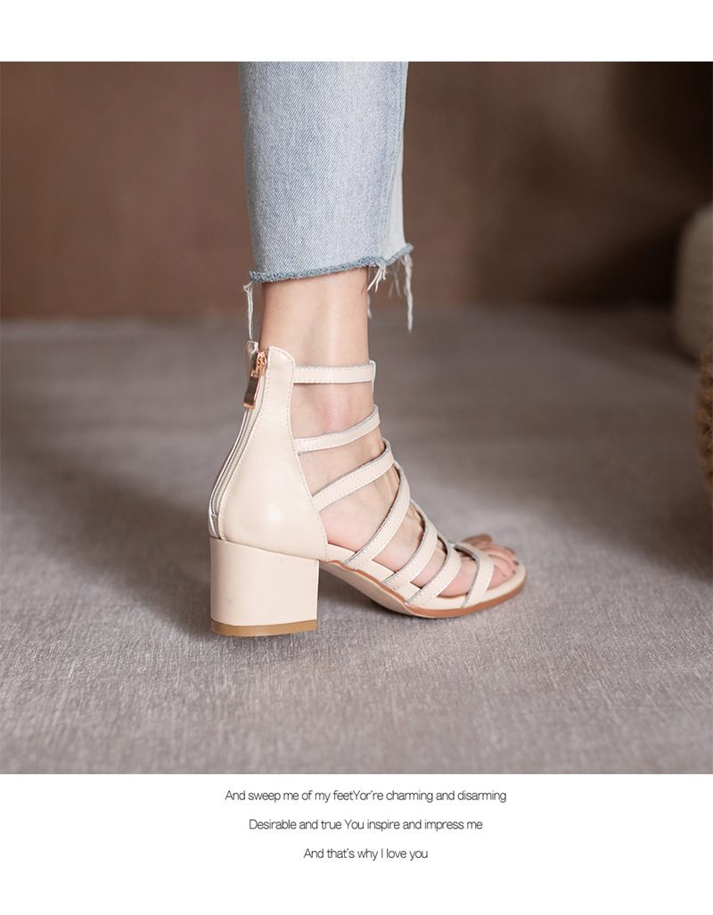 Sandal nữ cao gót siêu cao da bò kiểu La Mã cổ cao gót thô — Màu đen chi tiết 8