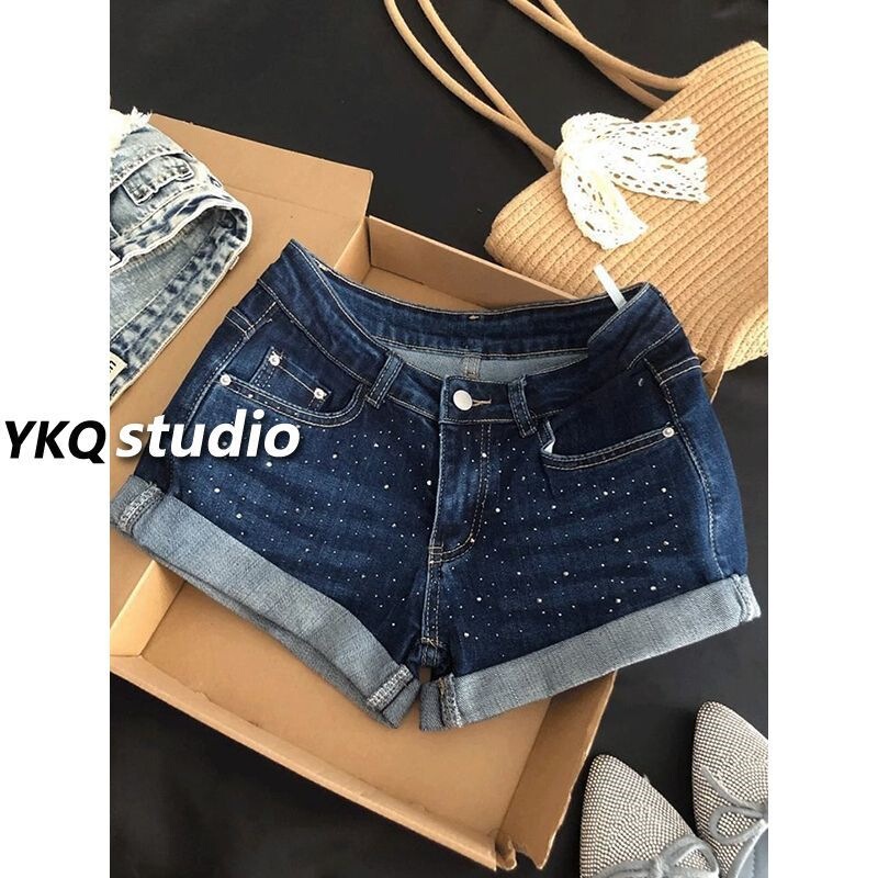 Dark Blue Rhinestone-Embellished Rolled-Edge Denim Ultra-Short Shorts for Women, New Summer Style, Stretchy Low-Waist Sexy A-Line Hip-Hugging Hot Pants Dark Blue Rhinestone-Embellished Rolled-Edge Denim Ultra-Short Shorts for Women, New Summer Style, Stretchy Low-Waist Sexy A-Line Hip-Hugging Hot Pants