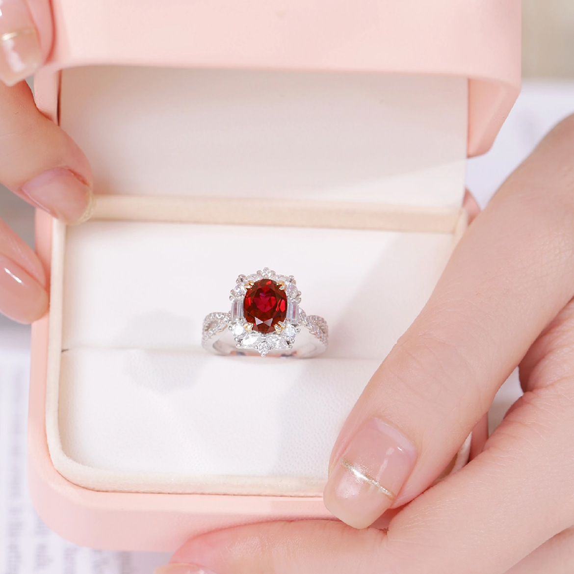 Live New 3 Carat Artificial Ruby For Women Moissanite Pigeon Egg Diamond Ring High-end Design Gemstone_voghion.com
