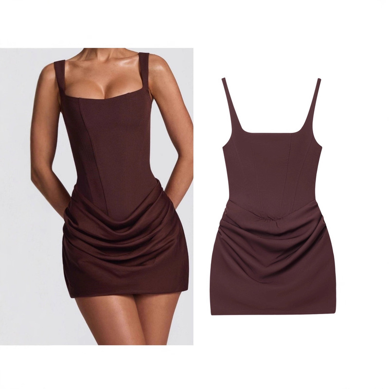 Autumn New Women's Fashion Dress with Shoulder Straps and Ruched Waist in Brown for Foreign Trade on Amazon