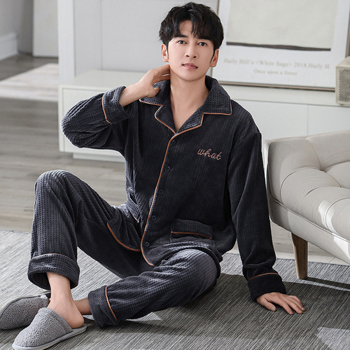 New Men's Winter Milk Fleece Long-Sleeve Thickened Large Size Simple Men's Pajama Home Suit Set