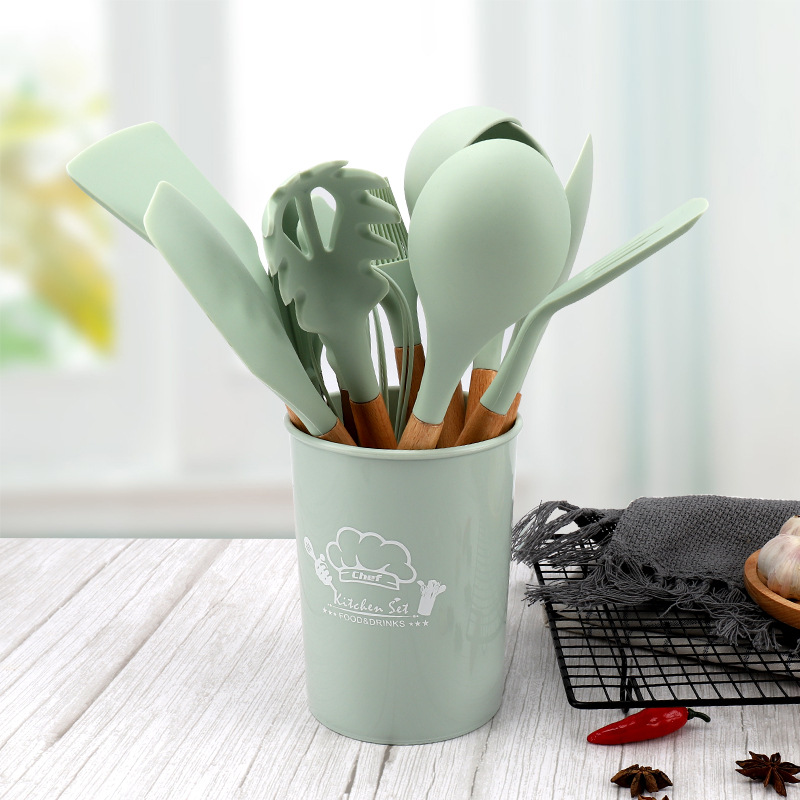 不粘锅烹饪铲勺12件套木柄硅胶厨具套装不粘锅炒菜硅胶锅铲铲子