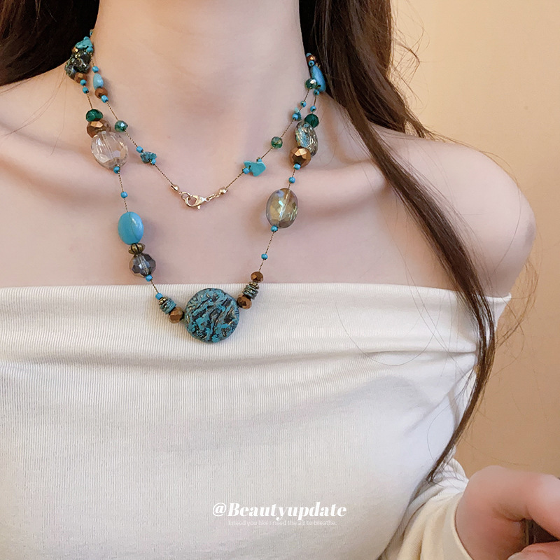 Collar con cuentas apiladas de estilo de piedra artificial transfronteriza, cadena de suéter de diseño de nicho de estilo étnico femenino, joyería de moda de alta gama