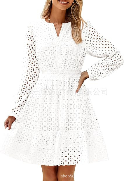 2024欧米の外国貿易クロスボーダー婦人服アマゾンの起爆vネックの透かし彫りの穴の刺繍綿の長袖のワンピース|undefined