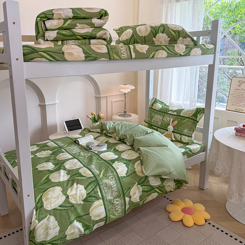 Juego de cama de dormitorio de estudiantes universitarios de tres piezas de algodón puro algodón lavado de algodón sábana individual funda de edredón juego de cama de cuatro piezas