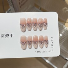 【奶芙泡]Y桃汐里甜欲千金风爆闪粉锆石拼钻奶粉色法式贵气穿戴甲