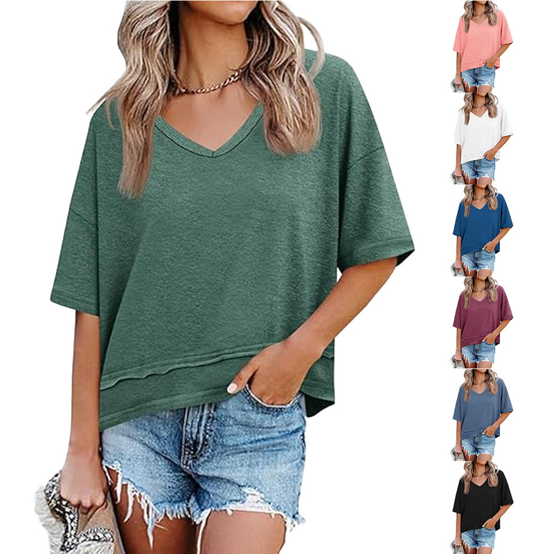 2026 European and American Cross-Border Export Amazon Spring and Summer New Women's Pure Color V Neck Mid-Sleeve T-Shirt Hem Splicing Design 2026 European and American Cross-Border Export Amazon Spring and Summer New Women's Pure Color V Neck Mid-Sleeve T-Shirt Hem Splicing Design