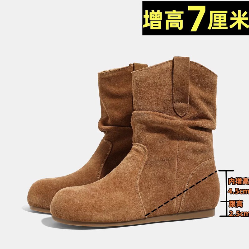 平底韩式圆头堆堆靴短靴女靴2025新款简约时尚磨砂牛皮套筒中筒靴|undefined