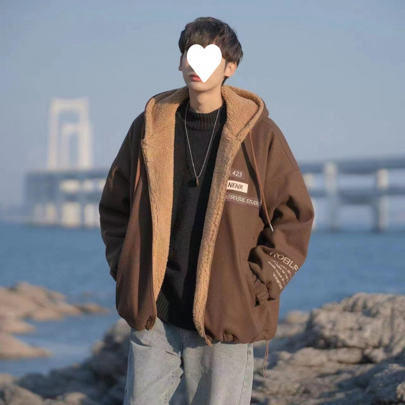 양모 후드 코튼 코트 재킷 남자 겨울 기모 두꺼운 홍콩 스타일 레트로 트렌디 한 느슨한 청소년 코튼 코트