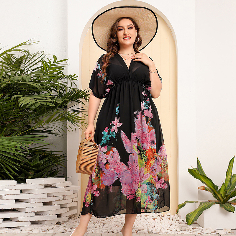 Hot-selling Bohemian Chiffon Printed Plus Size Beach Dress Tall Loose Plus Fat Layered Slim Dress