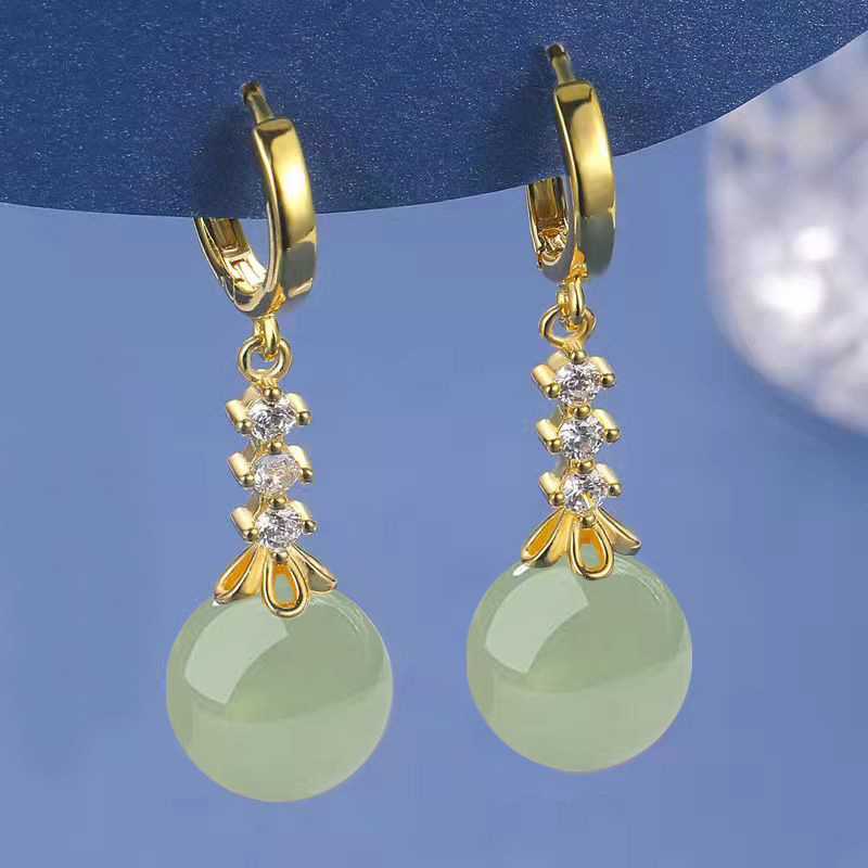 Tiktok Kuaishou artificial green jade Hetian jade earrings female zircon chalcedony earrings gem ear hook earrings