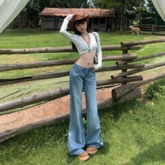 【今茵】美式复古低腰辣妹宽松微喇裤无腰头垂感百搭显瘦牛仔裤女