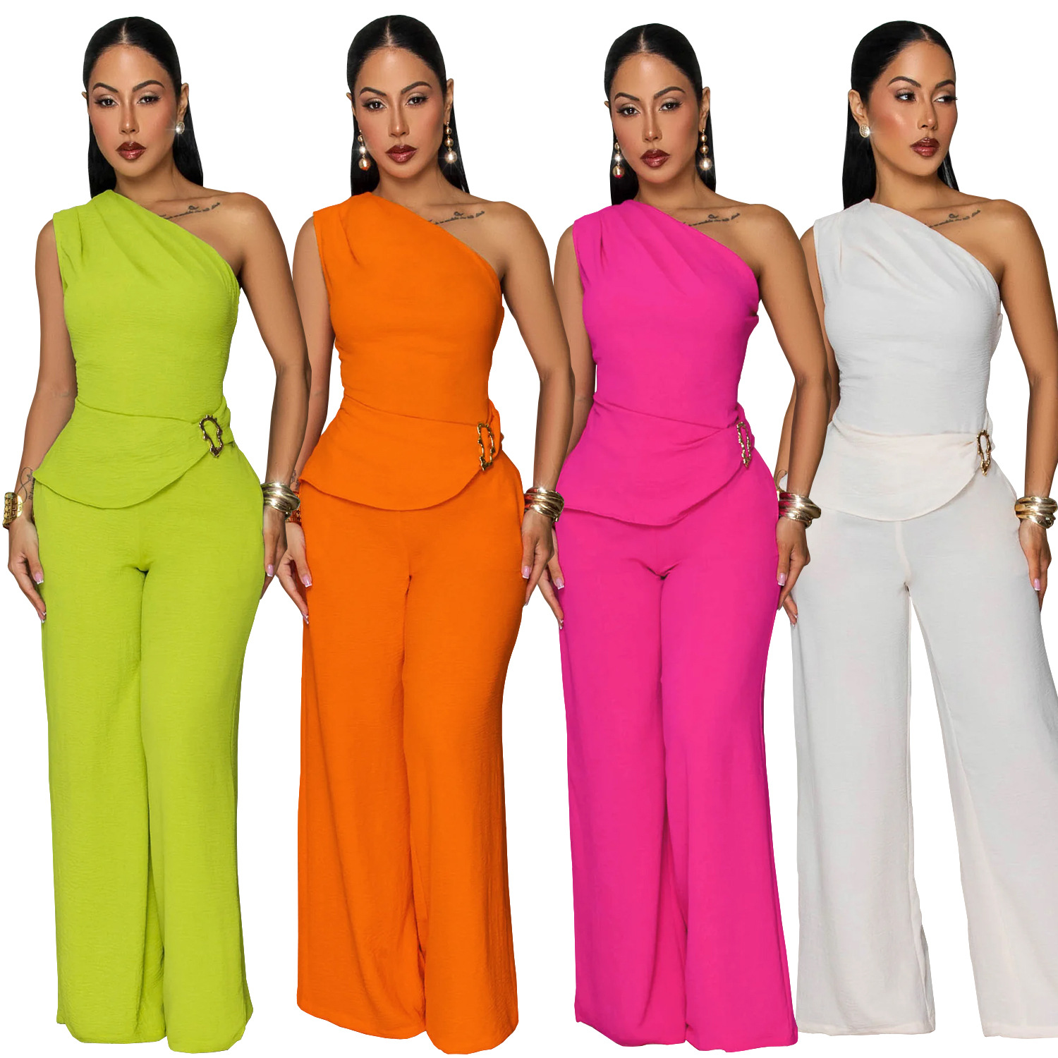 C7736 Aliexpress transfronterizo Amazon 2026 nueva ropa de mujer casuales de color sólido blusa de hombro inclinada pantalones largos dos piezas