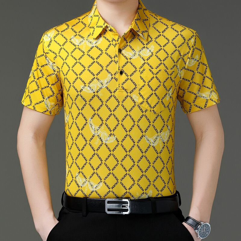 Silk Cotton Short-Sleeve Men's Summer Style Middle-Aged Printed Half-Sleeve T-Shirt Polo Shirt for Dad with Collar 2026 with Pockets