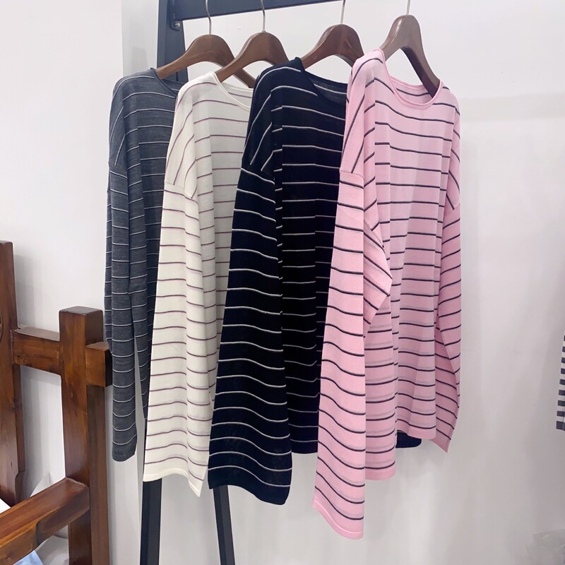 Row80 100% Merino Wool Minimalist Style Casual High-Quality Striped Knit Sweater Air Conditioning Shirt