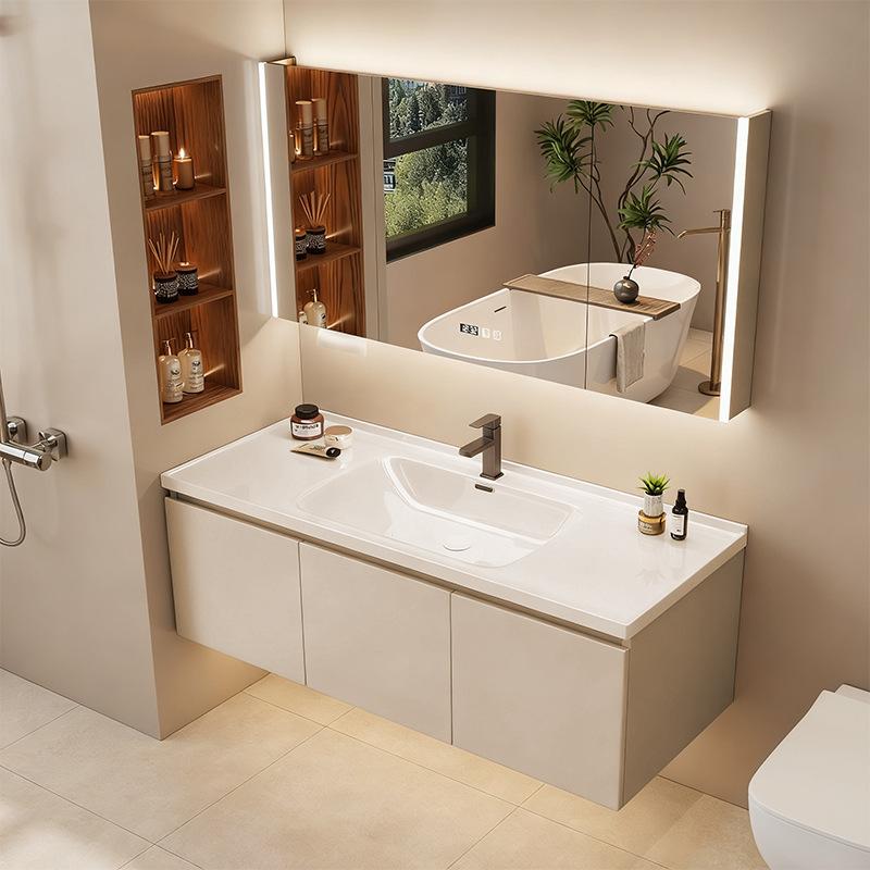 Moganshan Enf Solid Wood Bathroom Cabinet Bathroom Ceramic Integrated Basin Washbasin Cabinet Combination Smart Mirror