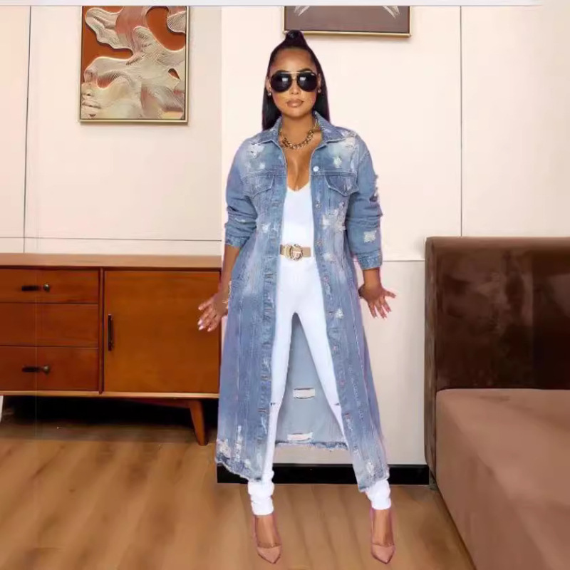 Amazon and Aliexpress Best-Selling European and American Style Loose Ripped Denim Long Coat Cape