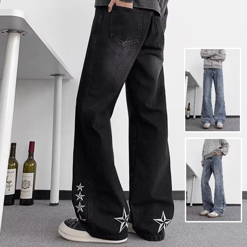 Trendy Silhouette Flared Pants American High Street Style Black Slightly Flared Denim Trousers Men's Fashion Embroidered Straight Pants Trendy Silhouette Flared Pants American High Street Style Black Slightly Flared Denim Trousers Men's Fashion Embroidered Straight Pants