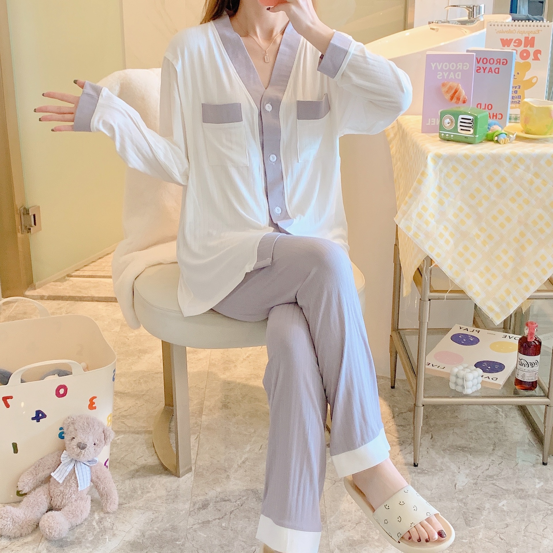 달 의류 여름 모달 임산부 잠옷 봄과 가을 피트 스트립 산후 모유 수유 의류 가정 의류 세트 도매