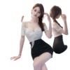 Two ways to wear a low cut dress with lace patchwork and contrasting colors as a base， covering the buttocks