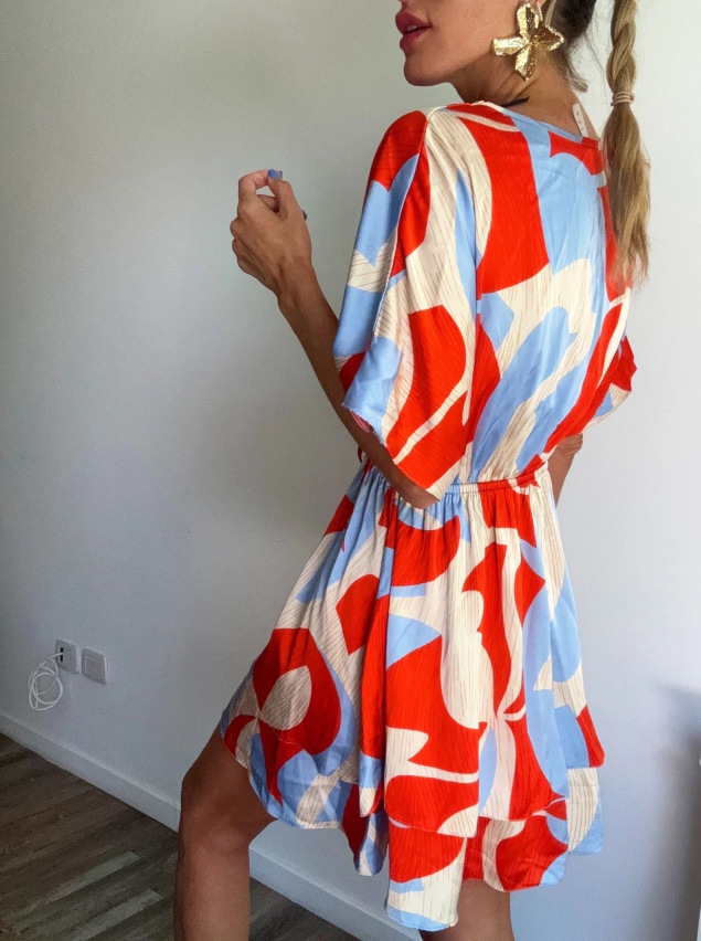Abstract Print V-Neck Midi Dress With Tie Waist, Flowy Short Sleeve Summer Dress For Vacation & Casual Outings_ecoleips.com