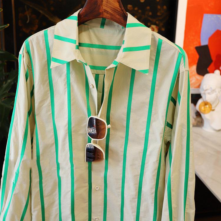 The Trendsetter... Stepping on the Fashion Aesthetic! Green Striped Webbing Lapel Long-Sleeve Shirt for Women, Trendy