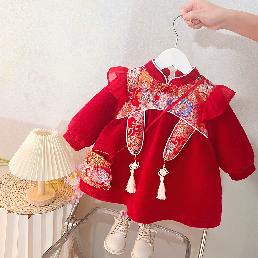 Платье для девочек Cheongsam Зимний национальный прилив плюс бархат утолщение новогоднее платье юбка детское зимнее хлопковое платье новогодняя одежда