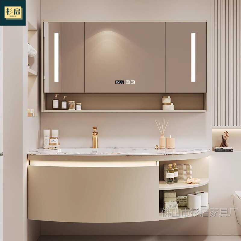 French-Style Oak Bathroom Cabinet with Seamless Stone Countertop, Washbasin, Sink Cabinet, Smart Mirror Cabinet, Designer Sailboat Design