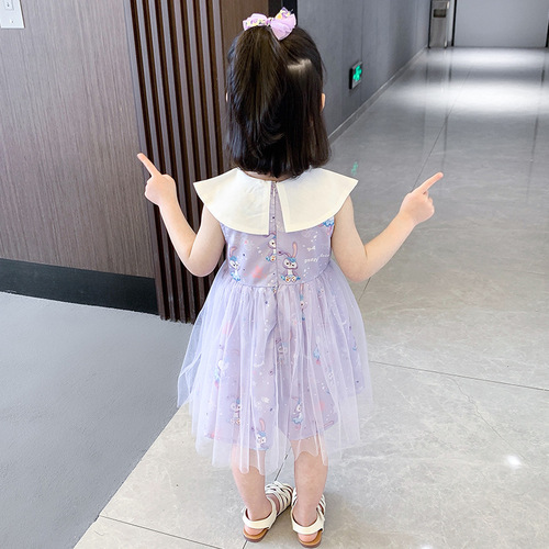 Girls Star Dew Dress Summer Baby Style Princess Dress Sweet Dress Lapel Butterfly Mesh Puff Skirt