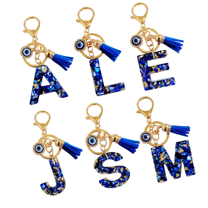 Cross-Border Hot-Selling Royal Blue Fashionable English Letter Keychain Devil's Eye Tassel Bag Decoration Pendant Jewelry Gift