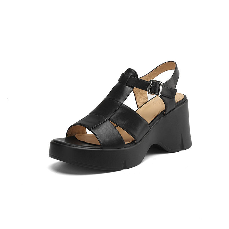 Giày sandal cao gót đế xuồng nữ phong cách La Mã, gót 9 cm, quai rỗng thoáng mát — Màu đen, Màu trắng be