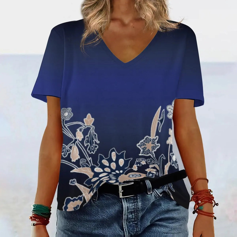 Short-sleeved T-shirt Women's New Slim-fit Slimming Fashion V-neck Vintage Pattern Printed Top WB14