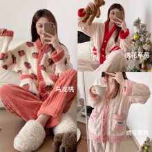 睡衣女乌龙桃双面法兰绒睡衣套装加绒加厚珊瑚绒两件套外穿家居服