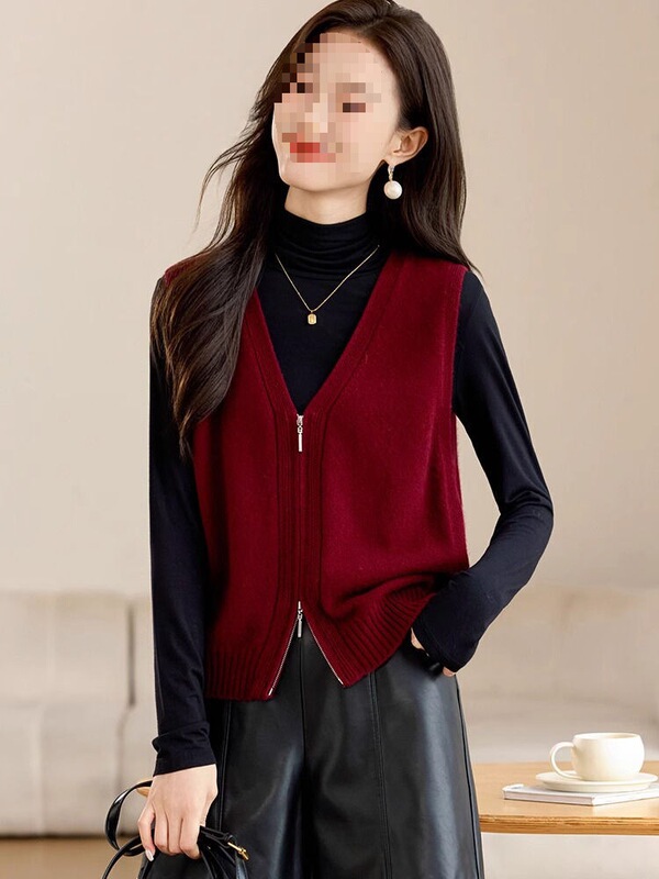 Plus Size Fat Red Knitted Vest Women's Autumn and Winter New Zipper Small Short Sweater Vest Top