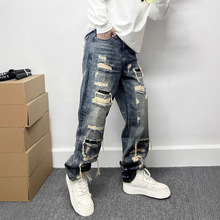 美式高街个性补丁破洞阔腿牛仔裤男潮牌痞帅宽松设计感直筒裤男潮