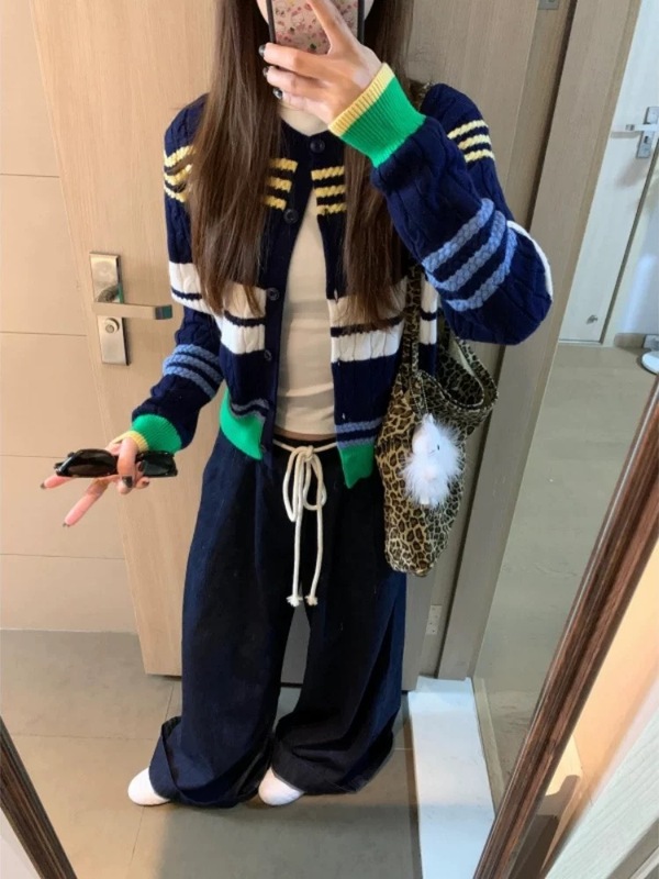 美式复古条纹撞色拼接针织开衫女秋冬新款慵懒风休闲毛衣外套上衣|undefined