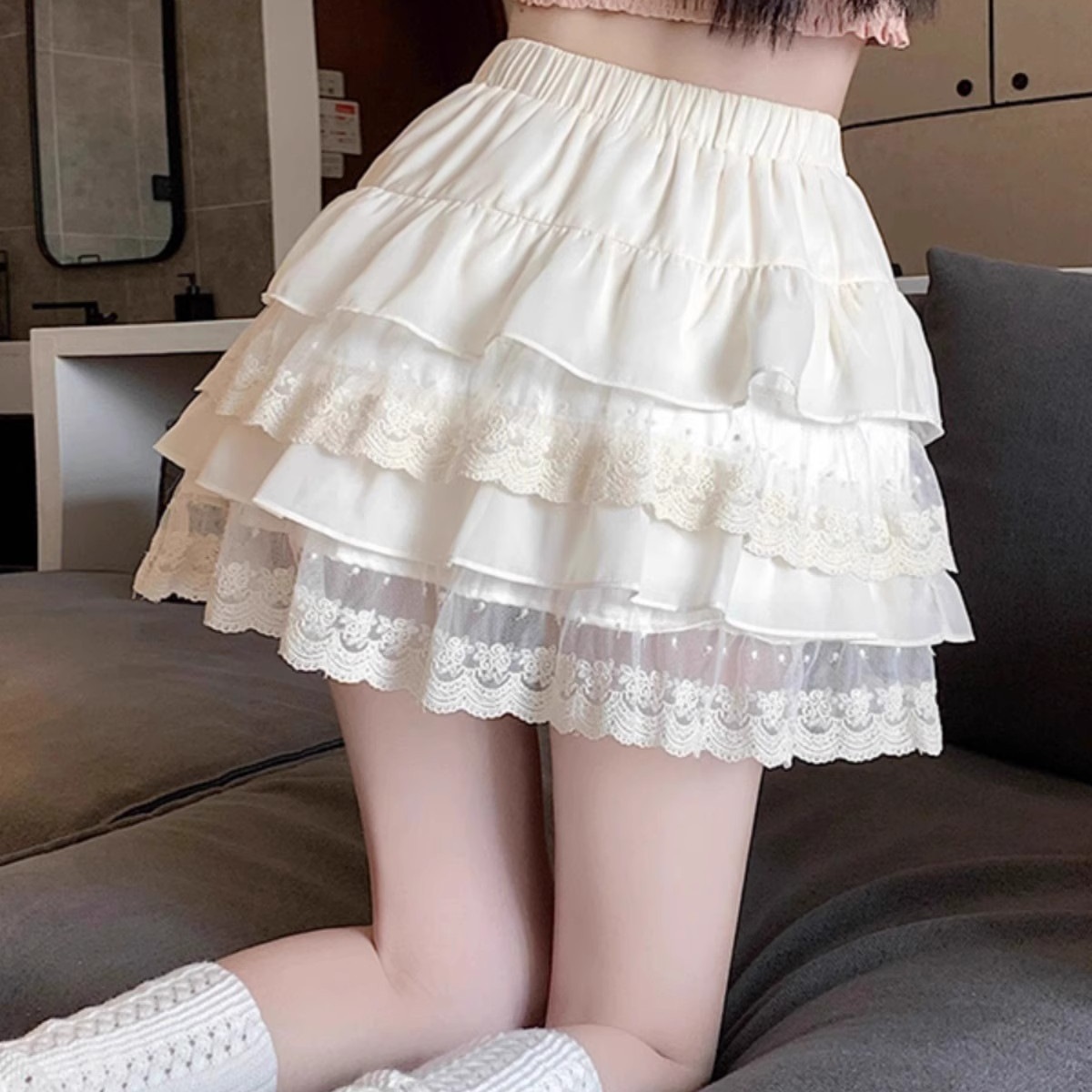 Short Skirt White Lace Cake Skirt Skirt Women's Summer High Waist Slimming Look Small A-Line Skirt Princess Tutu Skirt