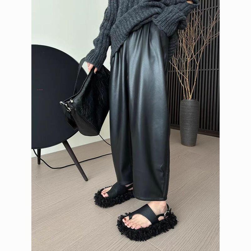 2025新款皮裤女秋季韩版pu皮高腰阔腿裤九分裤百搭时髦哈伦裤女款|undefined