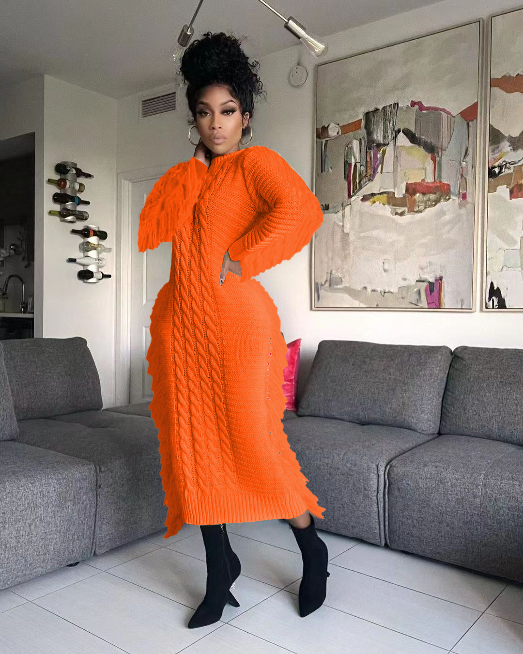 Robe pull femme avec franges longues en maille pour l'hiver_voghion.com