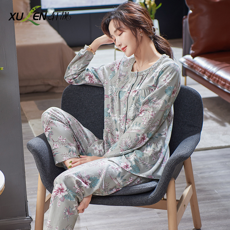 Pijamas de las mujeres primavera y otoño primavera manga larga 100% algodón Delgado homewear más tamaño suelto traje de mamá de mediana edad