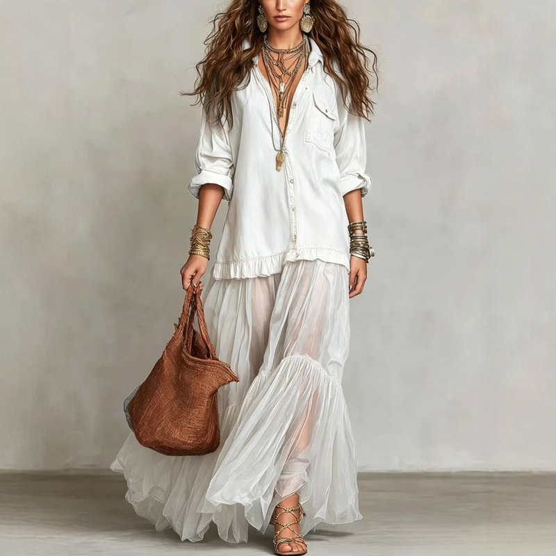 Dm077 Bohemian Shirt-Style Long Skirt with Mesh Inserts Dm077 Bohemian Shirt-Style Long Skirt with Mesh Inserts