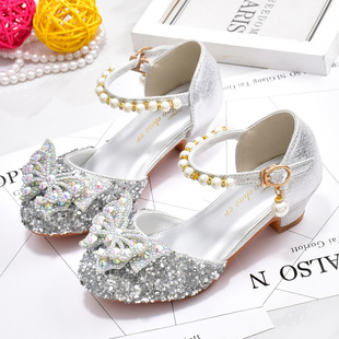 Girls High Heels Girls Piano Performance Silver Crystal Shoes Big Kids Evening Dress Show Stage Princess Shoes