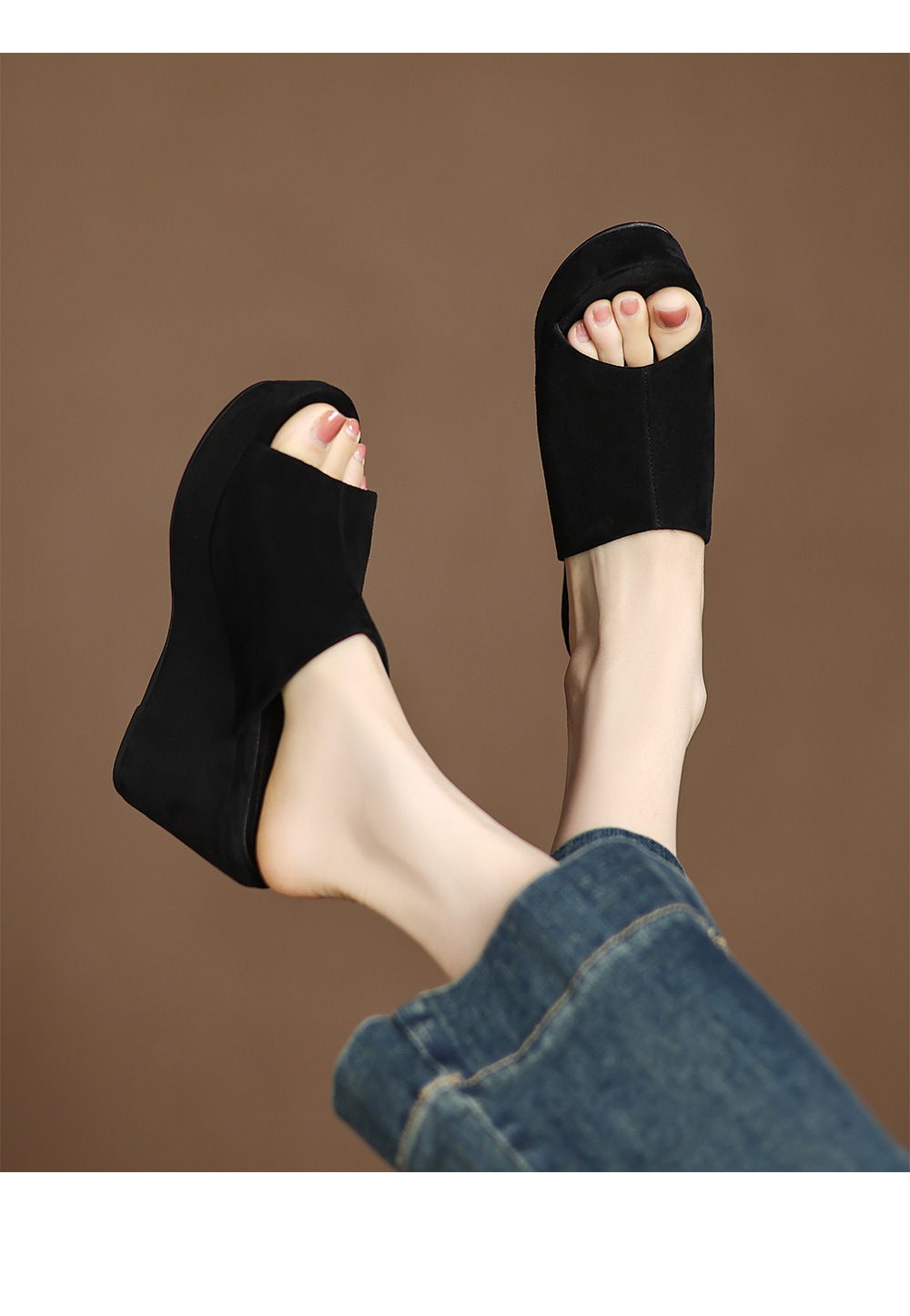 Sandal cao gót đế xuồng nữ hở mũi quai ngang gót 10 cm — Đen [da cừu] chi tiết 12