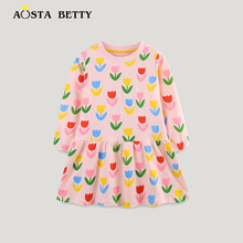 AostaBetty秋装女童连衣裙花朵印花儿童公主裙欧美风宝宝圆领裙子