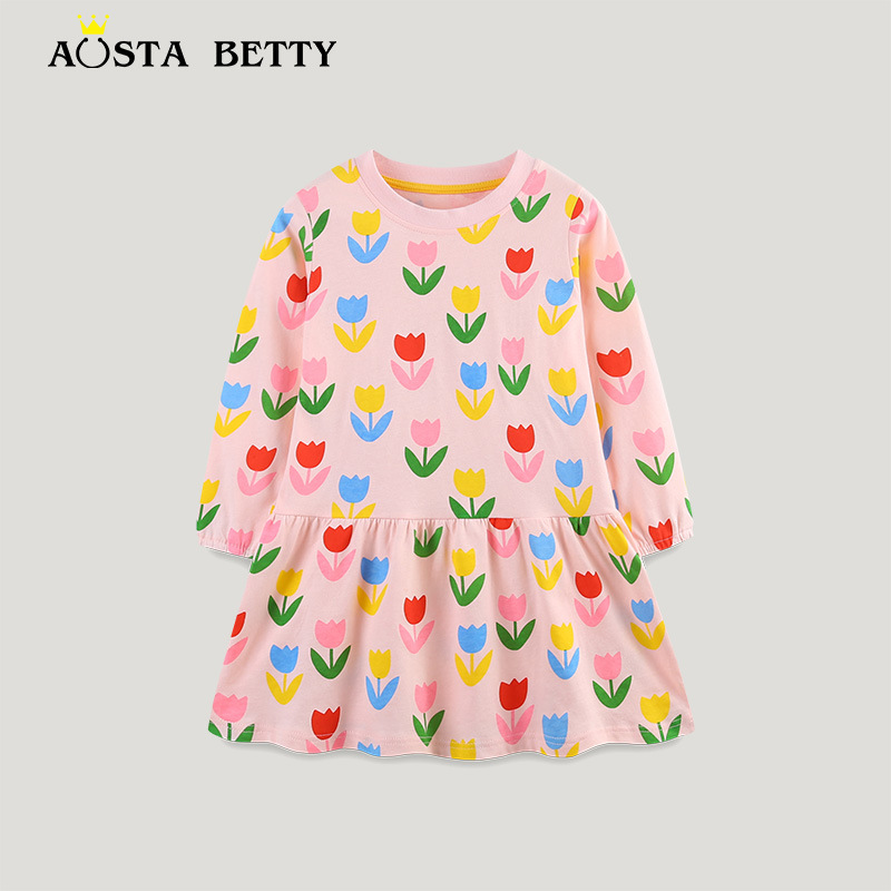 AostaBetty秋装女童连衣裙花朵印花儿童公主裙欧美风宝宝圆领裙子