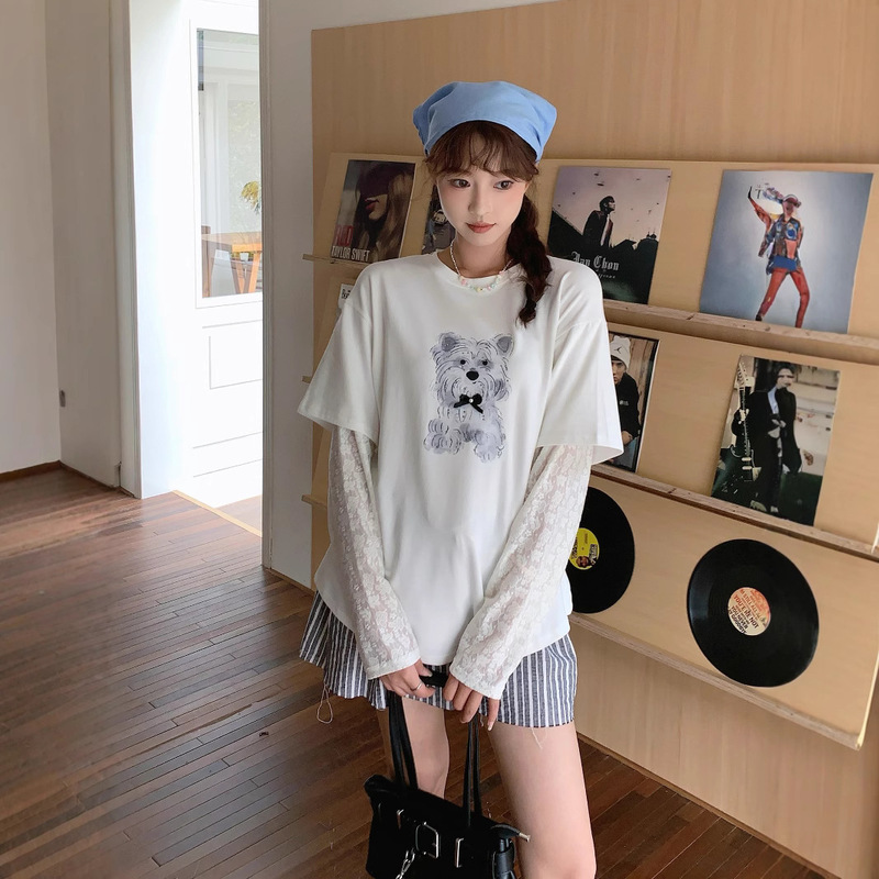 2025 Summer Fake Two-piece Design Lace Stitching Long-sleeved T-shirt Women's Loose Dog Graffiti Sunscreen Blouse Top