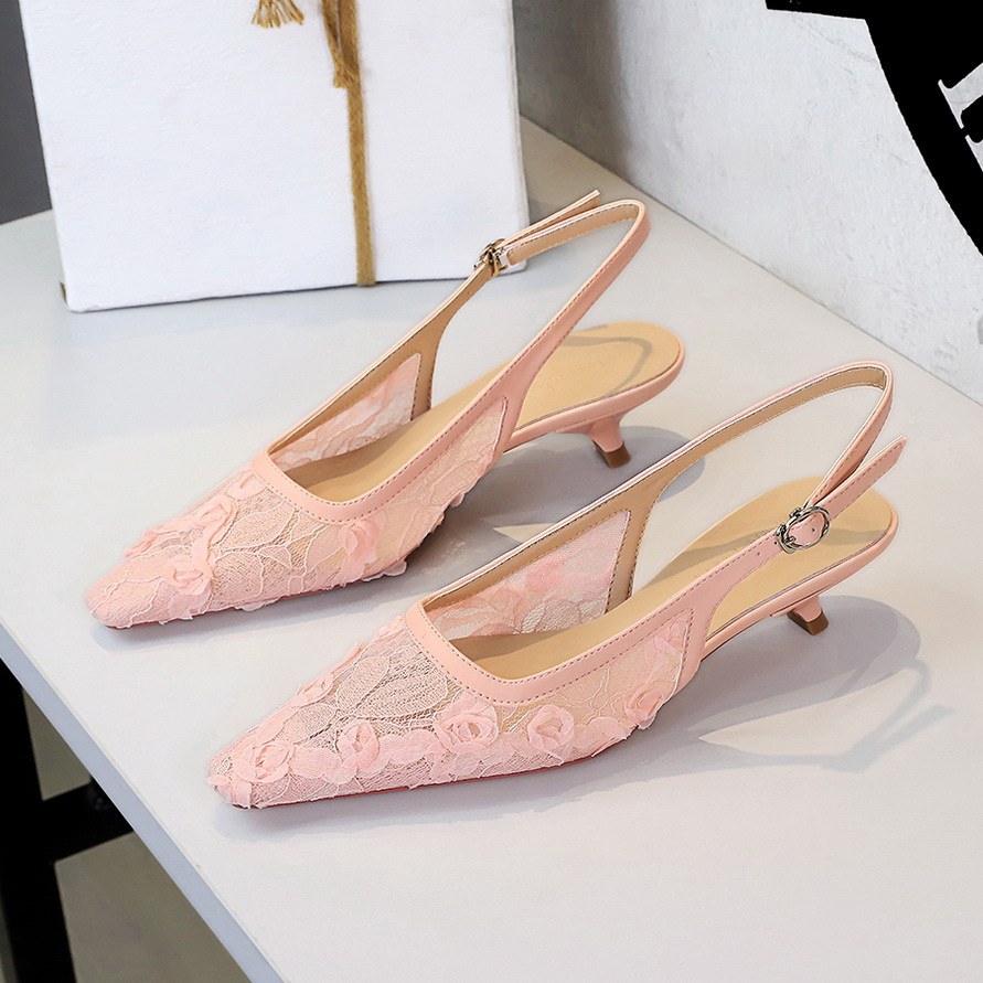 5130 European And American Style Sexy Lace Mesh Stiletto Low Heel Single For Women With One-Strap Buckle, Closed Toe,_vogvips.com