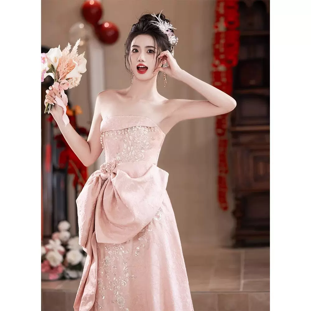 敬酒服新娘订婚礼服裙抹胸晨袍新娘高端新款长款礼服气质回门宴